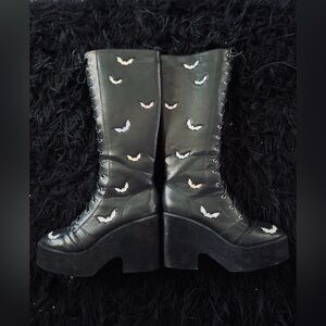 Holographic Bat black Goth Tall Lace-Up Combat Heeled boots